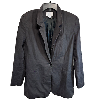 #ad Morning Side Vintage 90s Linen Blend Jacket Size 10 Blazer Black Shoulder Pads $15.00
