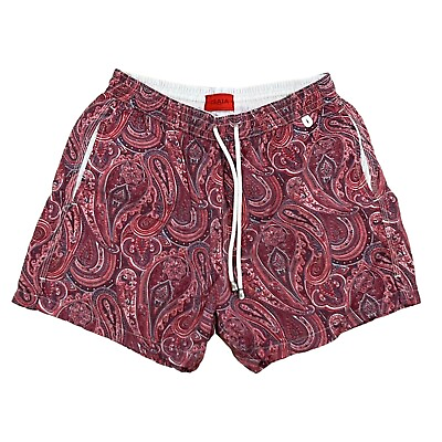#ad Isaia Italy Red Coral Paisley Motif Bathing Suit Luxe Swim Trunks 5quot; Beachwear M $64.91