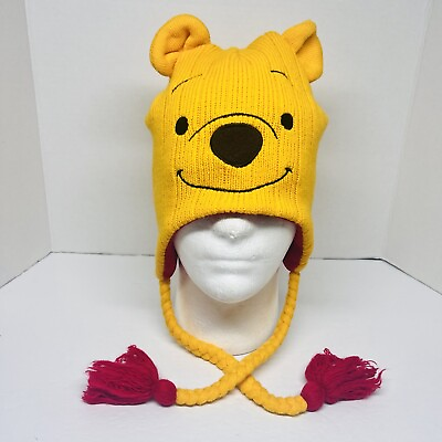 #ad Winnie The Pooh Beanie Hat Cap Tie Ear Flaps One Size Fits Most Yellow $11.99