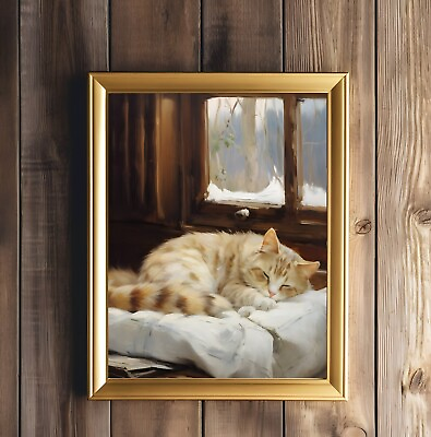 #ad Cat Sleeping Winter Oil Painting Art Print Rustic Farmhouse Decor $10.95