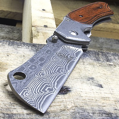 #ad 8quot; DAMASCUS STYLE CLEAVER BLADE ASSISTED OPEN FOLDING WOOD SPRING POCKET KNIFE $15.95