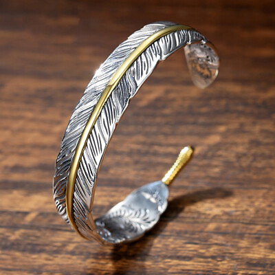 #ad Men#x27;s Silver Feather Adjustable Bangle Cuff Bracelet Fashion Retro Jewelry Gift $7.99