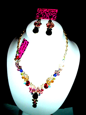 #ad Betsey Johnson MULTICOLOR Crystals Rhinestones Y NECKLACE MATCHING EARRINGS $41.94