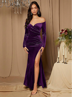 #ad Purple Belle Off Shoulder Split Thigh Velvet Bridesmaid Dress Sz XS S M L $49.99