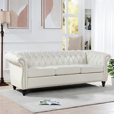 #ad 84in Chesterfield Sofa Faux Leather Upholstered 3 Seater Rolled Arm Tufted White $699.99