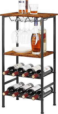 #ad Industrial Freestanding Floor Wine Rack Table w Glass Holderamp;Display Rack Brown $32.99