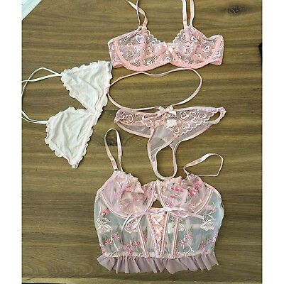 #ad Corset Top Bralette and Panty Sets Lot Pink Size Small Womens Coquette Lingerie $11.95