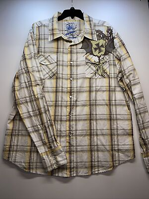 #ad Michael Kors MK MACHINE Shirt Men#x27;s XL Plaid Pearl Snap Graphic 2 Sided $18.90