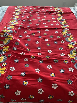 #ad Vintage MCM Tablecloth Red Mushroom Butterflies Kitsch CottageCore 44”X 68” $35.00