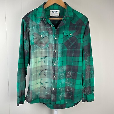 #ad Urban Pipeline Upcycled DIY Star Bleach Distressed Green Plaid Flannel Shirt M $24.99