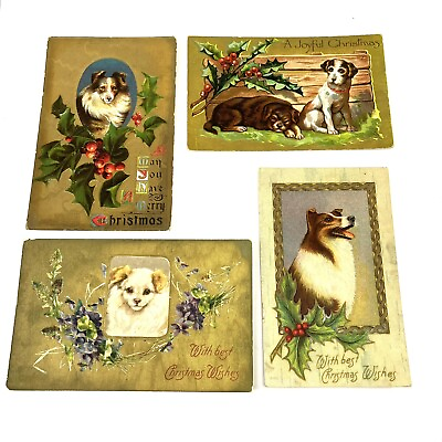 Antique Embossed Christmas Dog Postcard Lot Collie Spaniel Terrier XMAS Dogs $21.21