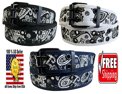 #ad Paisley Print 2 Holes Row Grommet Stitched Canvas Fabric Military Web Belt S XL $9.45