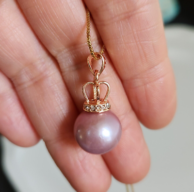 #ad 13mm Natural Purple Pearl Crown Pendant Rose Gold Plated Real 925 Silver $32.70