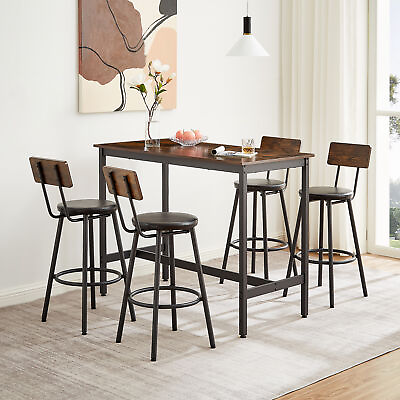 #ad 5PCS Industrial Pub Bar Dining Set Kitchen Breakfast Table and 4 PU Chairs Brown $228.99