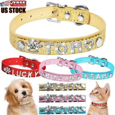 #ad Leather Personalised Dog Collar Diamante Bling Name Charms Girl Pet Cat Puppy US $7.49