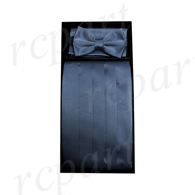 #ad NEW in box formal 100% polyester solid Cummerbund bowtie amp; hankie set dark gray $19.95