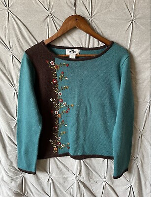 #ad Bob Mackie Studio Vintage Sweater Womens Large Knitted Floral Teal 20” Pit $16.00