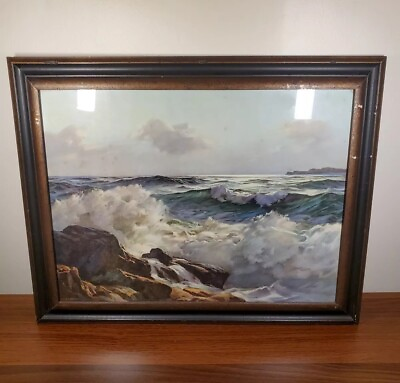 #ad Vintage Litho A J Shelton Ocean Sea Waves Nature Art And Frame 1900s U.S.A. $29.99