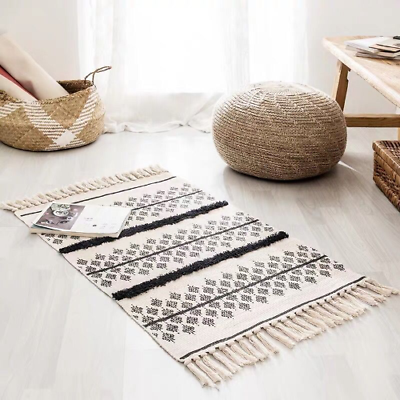 #ad Retro Hand Woven Cotton Linen Carpet Tassel Rug Floor Mat Blanket Home Decor $25.82