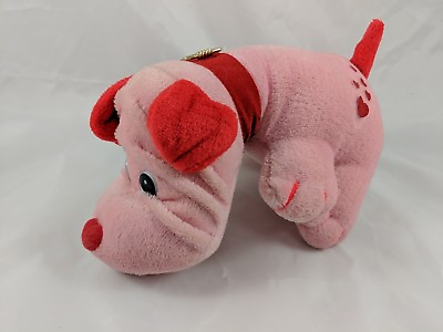 #ad Dan Dee Imports Pink Dog Plush Red Hearts Velour 7 Inch Long Stuffed Animal $8.05