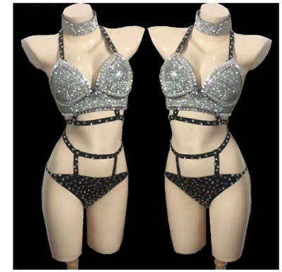 #ad Silver Crystals Full Diamond Sexy Bikini Nightclub Dance Performance Stage Wear $112.68