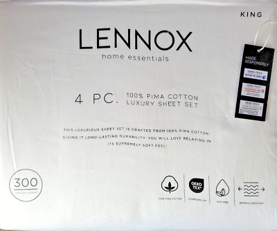 #ad Lennox Home Essentials White King Sheet Set 300TC 100% Pima Cotton 4pc $107.99
