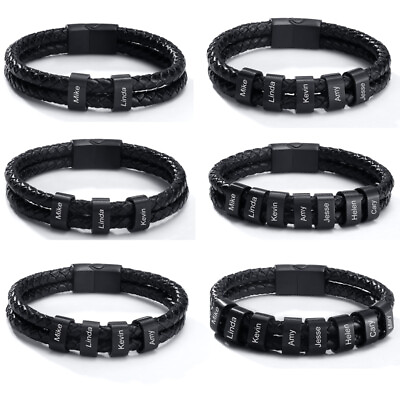 #ad Black Custom Name Genuine Men Leather Bracelet 1 9 Beads Adjustable Wristband $9.99