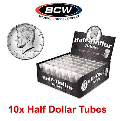 #ad Lot of 10 Plastic Coin Tubes Storage Box Round Tube Screw on Cap for Half Dollar $7.45