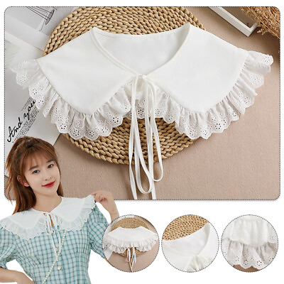 #ad Detachable College Style Collar Lace Ruffled Trim Patchwork Self Tie Fake Collar $7.44