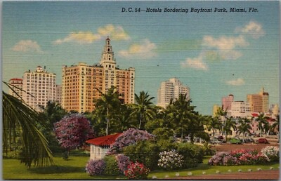 #ad MIAMI Florida Postcard quot;Hotels Bordering Bayfront Parkquot; Curteich Linen 1941 $4.60