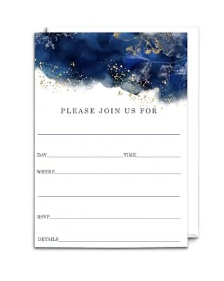 #ad Blue Watercolor Gold Floral Invitations 25 Pack Envelopes Included 5x7 Bla... $30.27