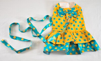 #ad small dog dress size XL yellow green w polka dot snap closure ribbon leash $7.00