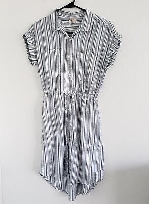 #ad Japna Women Blue White Stripe Gathered Waist Short Cuff Sleeve Shirt Dress Small $10.97