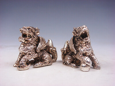#ad Pair Tibetan Silver Crafted Monster Kirin w Ingot Yuan Bao amp; Pearl Ball #071721 $29.99