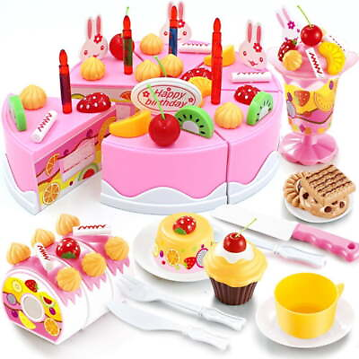 #ad Birthday Cake Toy Pink Play Food Set 75 Pcs Plastic Kitchen Cutting Toy Play $19.55