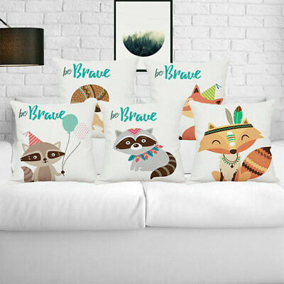 #ad Decor Home Cover Cushion Cotton Linen Cartoon Animal Fox Pillow Case Sofa Car $6.98