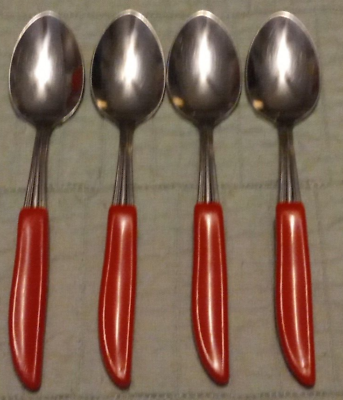 #ad Vtg Lot Of 4 Stainless Red Plastic Curved Handle Teaspoon Flatware Lot $12.50