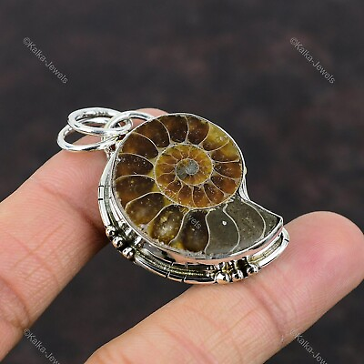 #ad Natural Ammonite Fossil Gemstone Pendant Vintage 925 Sterling Silver Jewelry $15.30
