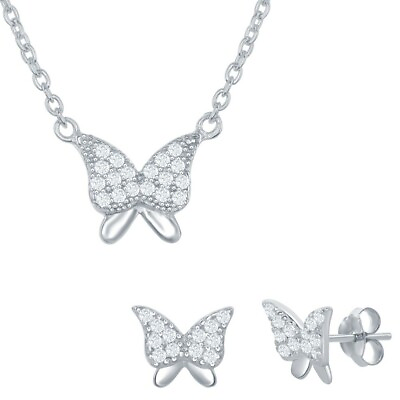 #ad Sterling Silver CZ Butterfly Necklace and Earrings Set $36.16