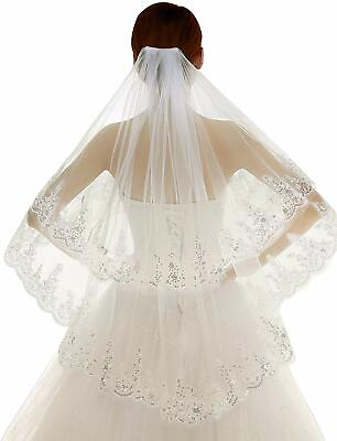 #ad Luxury Bridal Veil Sequins Veil Appliques Lace Edge Long Wedding Veils with Comb $11.99