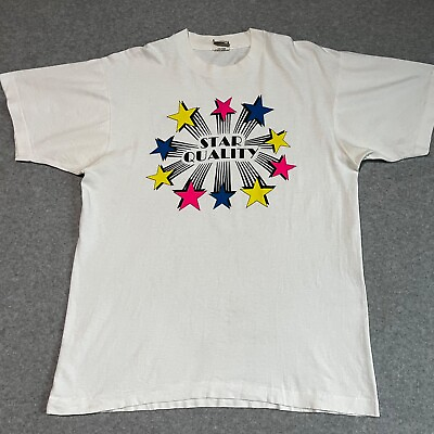 #ad Vintage Star Quality Shirt Adult Large White Single Stitch Mens 90s Celebration $12.00