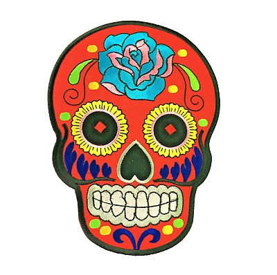 #ad Mardi Gras Carnival Blue Flower Red Sugar Skull Patch Large 8 Inch Embroidery $14.90