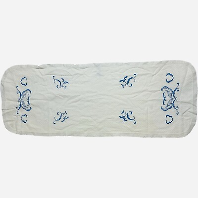 #ad Vintage White Blue Hand Embroidered Table Runner Vanity Dresser Scarf 13 x 36 $38.00