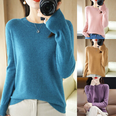 #ad Women Crew Neck Sweater Knitted Pullover Slim Sweater Jumper Classic Solid Color $14.59