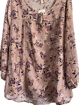 #ad NWT Como Blu Sz 2X 100% Rayon Rose Pink Floral Shirt Blouse Tops Long Sleeve $15.00