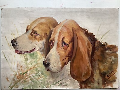 #ad French Antique PostImpressionism Two Beagle Dogs Vintage Oil $900.00