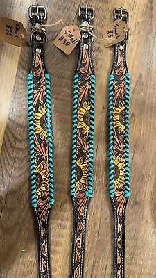 #ad LEATHER DOG COLLAR Hand Tooled. Size LARGE. Sunflowers Turquoise. Ships From US $29.99
