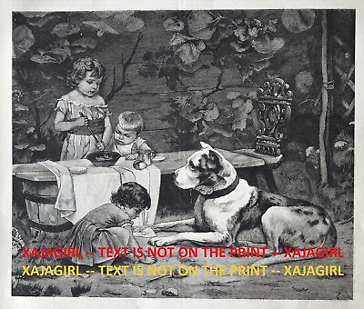 #ad Dog Great Dane Harlequin Color Babysits Children Large 1880s Antique Print $69.95