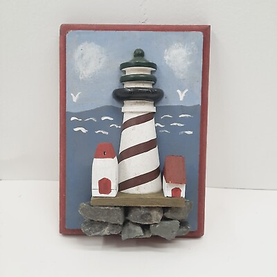 #ad 3D Handcrafted painted Wood Lighthouse W Ocean Scene amp; Rock Wall Hanging Plaque $37.95