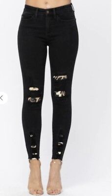 #ad Judy Blue Jeans Skinny Fit Cheetah Print Black Distressed Size 7 28 Raw Hem $30.00